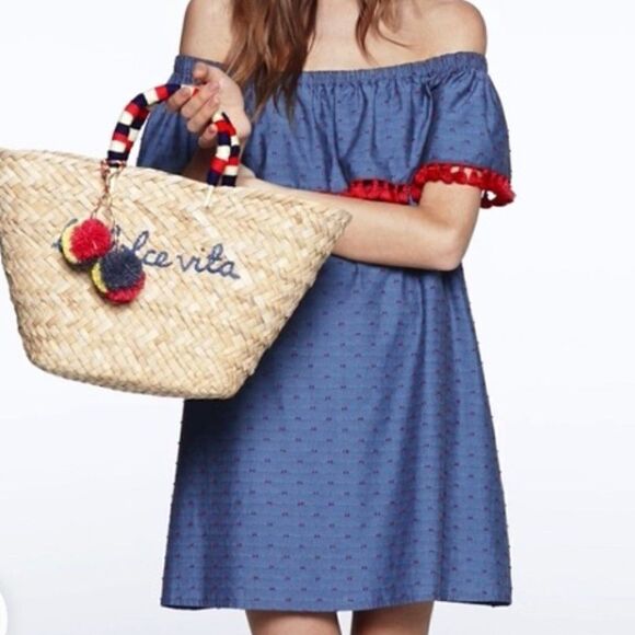 Cooper & Ella Bloomingdales Blue/Red Polka Dot Fringe Off Shoulder Dress S NWT - Picture 1 of 10